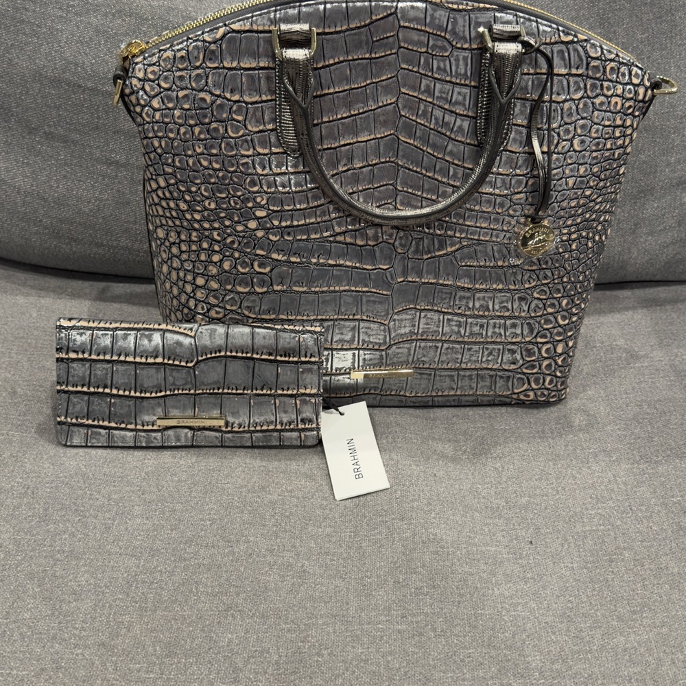 Brahmin Gray Crocodile Embossed Satchel and Wallet Steel Opulust.